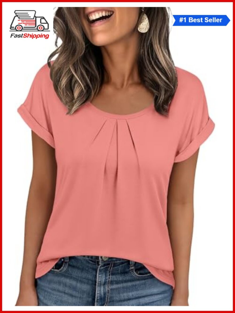 Women's Short Sleeve Pleated Scoop Neck T-Shirt Casual Top - Picture 1 of 6